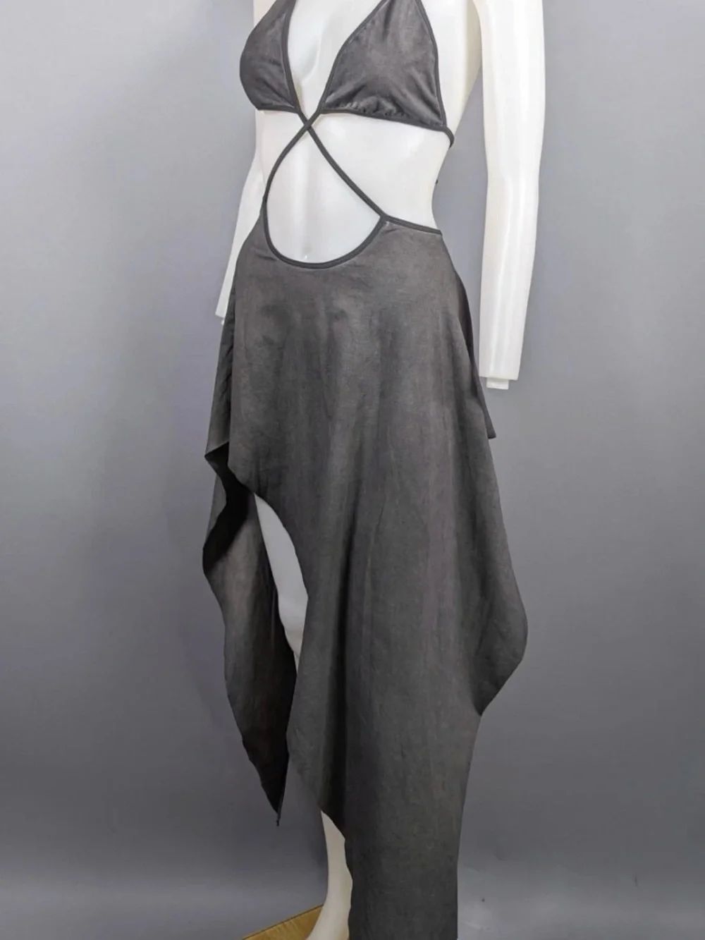 Dolls Kill Darker Wavs Echo Asymmetrical Dress Strappy Wrap Bikini Gray Size L